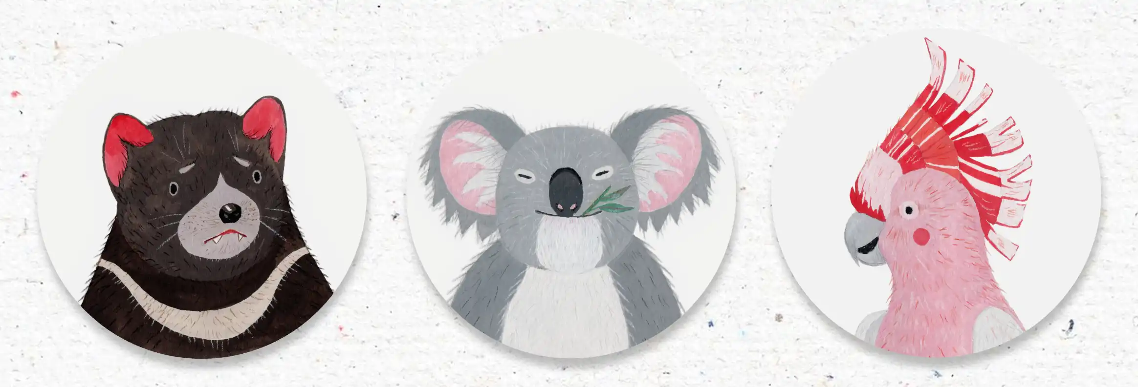 Three circle avatars depicting Tasmanian devil, Koala and Cockatoo