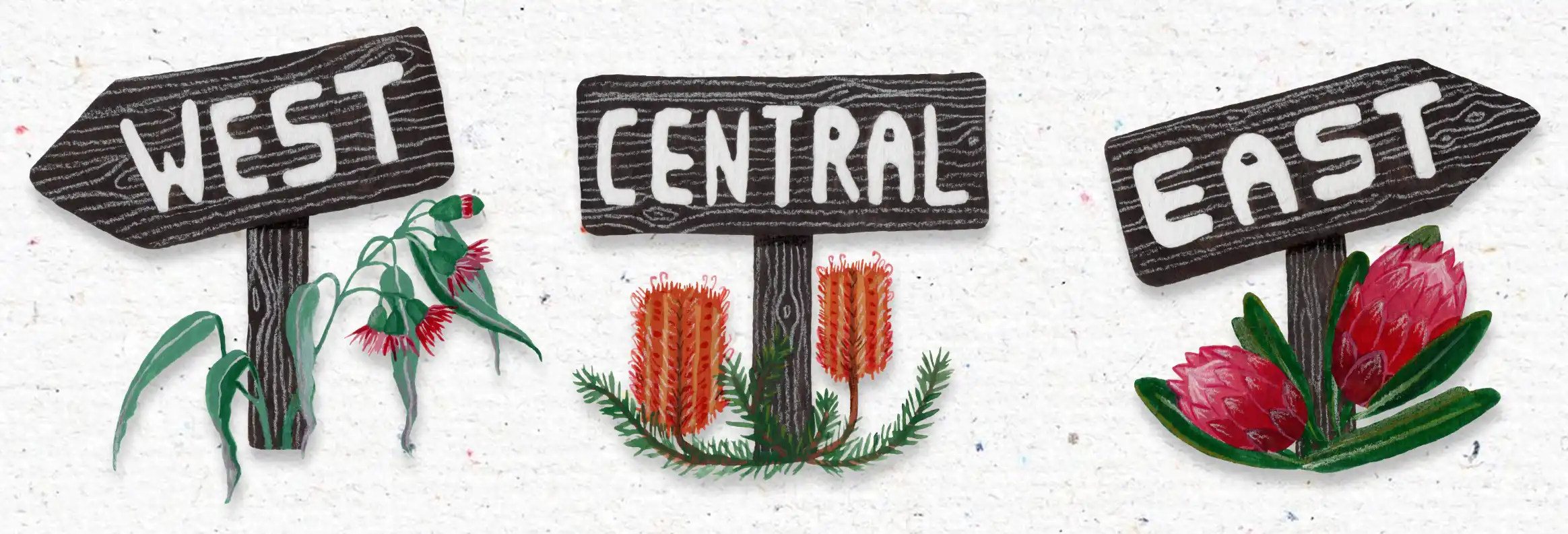 Three signs with Australian foliage pointing to different directions